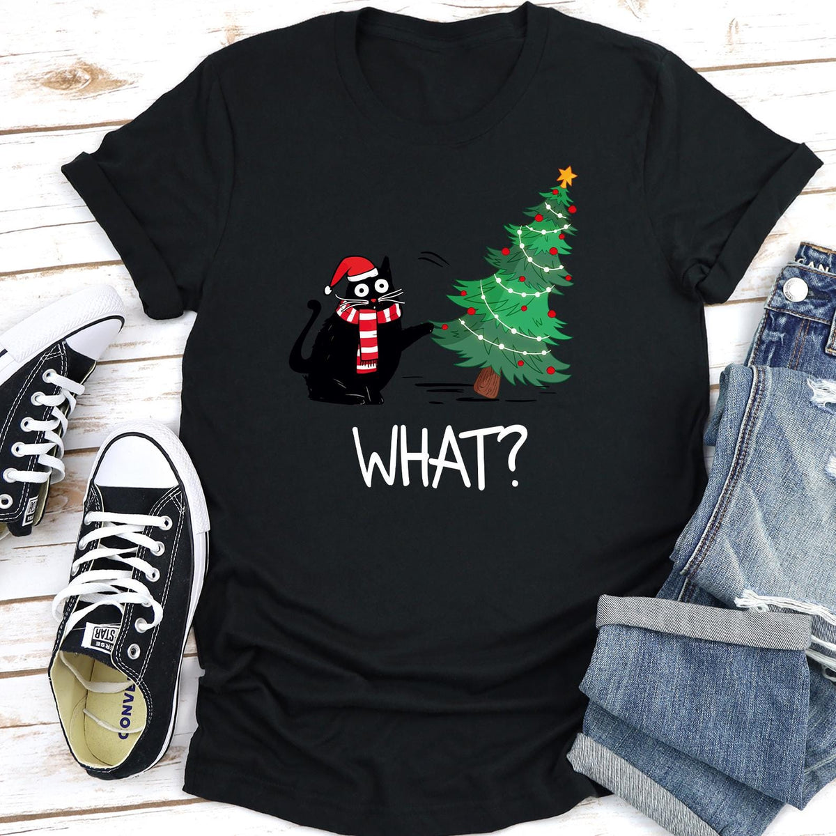 Funny Cat Christmas Shirt What? Christmas Tree Knocked Over Tee, Cute Holiday Cat Lover T-Shirt, Humorous Xmas Gift for Pet Owners, Cat Gift