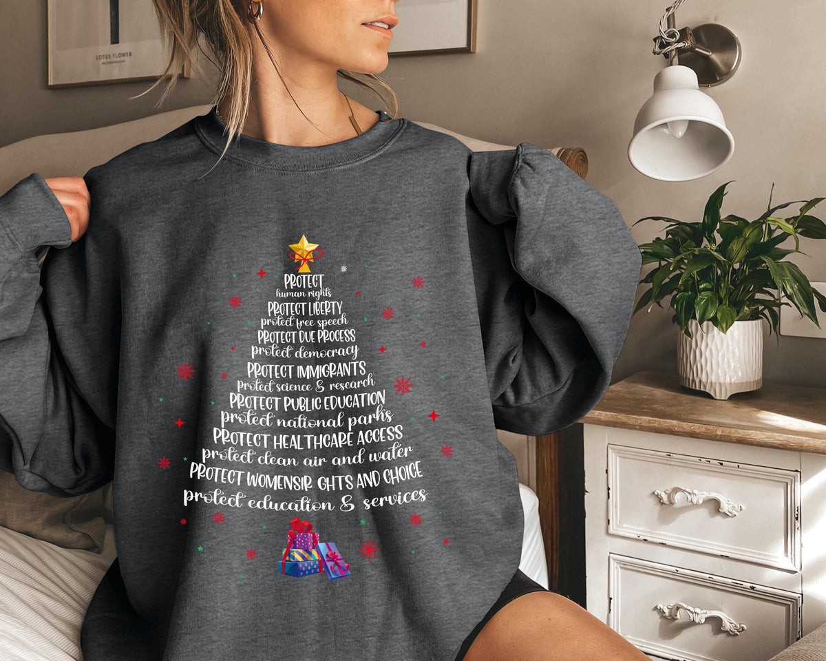 Protect Democracy Christmas Tree T-shirt, Social Justice Holiday Sweatshirt, Pro-Democracy Christmas Top, Anti-Trump Liberal Values T-shirts