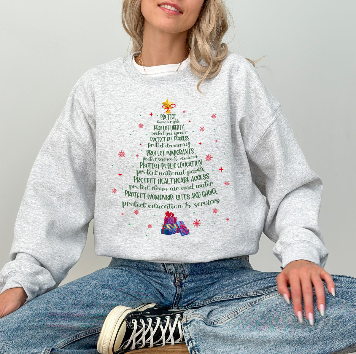 Protect Democracy Christmas Tree T-shirt, Social Justice Holiday Sweatshirt, Pro-Democracy Christmas Top, Anti-Trump Liberal Values T-shirts
