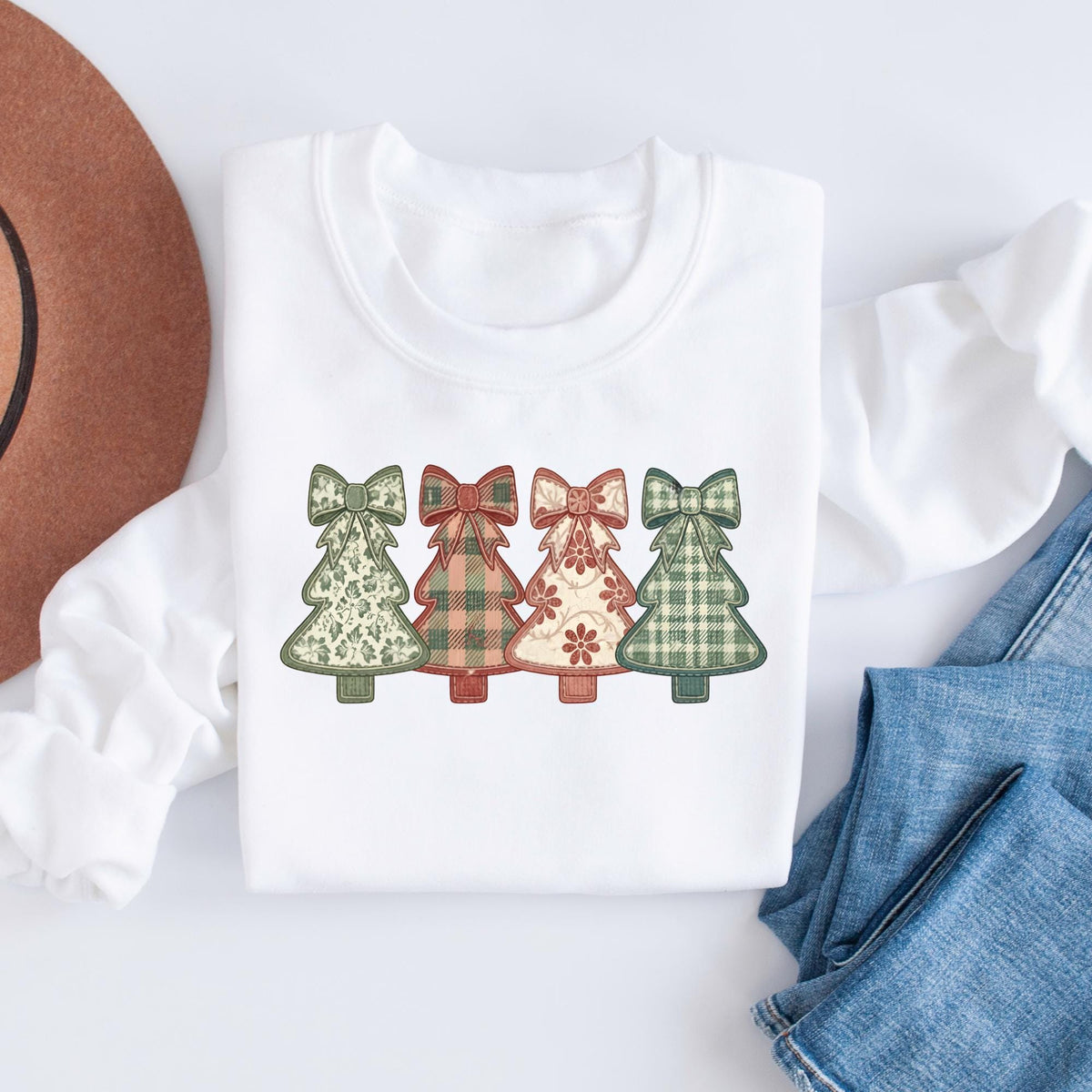 Christmas Tree Faux Patchwork Sweatshirt, Floral and Gingham Printed Pattern Grandmillennial Tree Christmas Sweatshirt, Christmas Tree Shirt