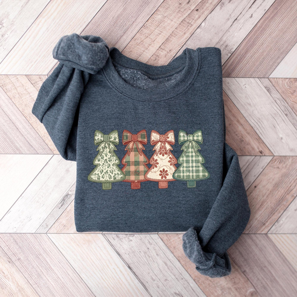 Christmas Tree Faux Patchwork Sweatshirt, Floral and Gingham Printed Pattern Grandmillennial Tree Christmas Sweatshirt, Christmas Tree Shirt
