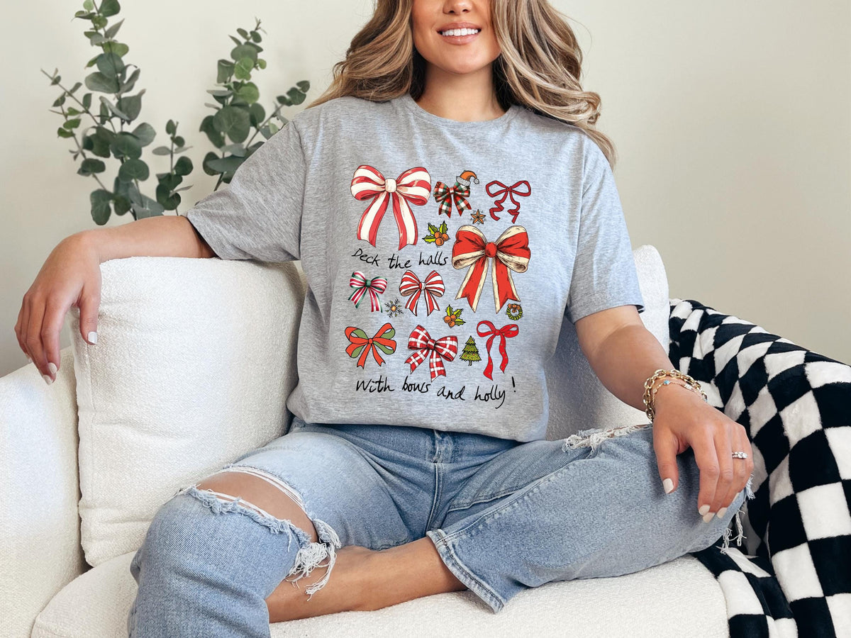Christmas Coquette Bow Shirt, Holiday Shirt For Women, Deck The Halls Tee, Girly Christmas Shirt, Coquette Bow Tees, Cute Xmas Gift For Girl