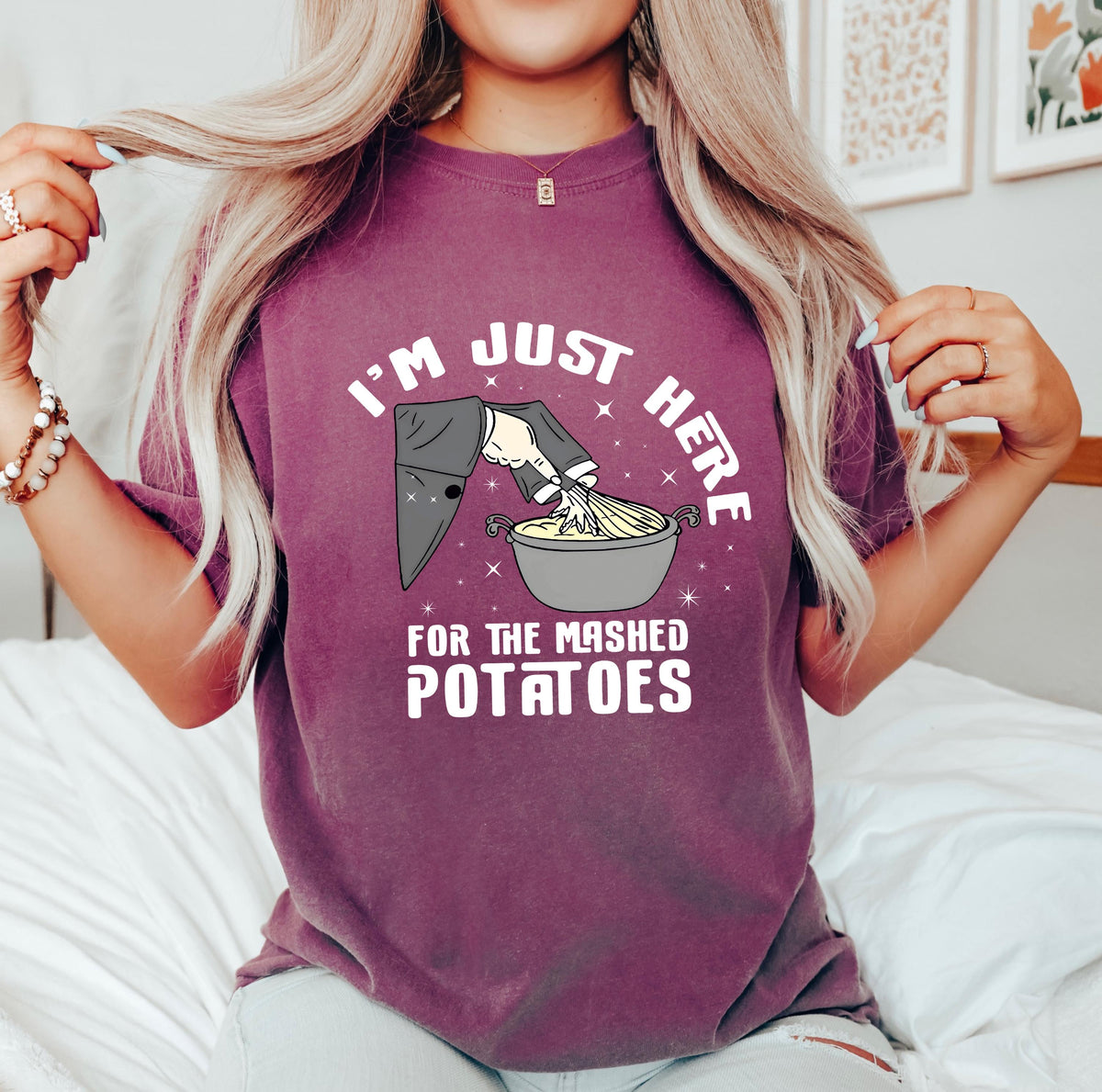 Funny Thanksgiving Comfort Colors® Shirt, I’m Just Here for the Mashed Potatoes, Thanksgiving Dinner Tee, Friendsgiving Tee,Fall Humor Shirt