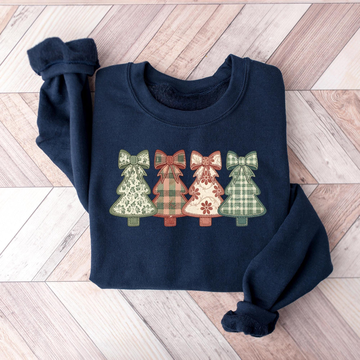 Christmas Tree Faux Patchwork Sweatshirt, Floral and Gingham Printed Pattern Grandmillennial Tree Christmas Sweatshirt, Christmas Tree Shirt