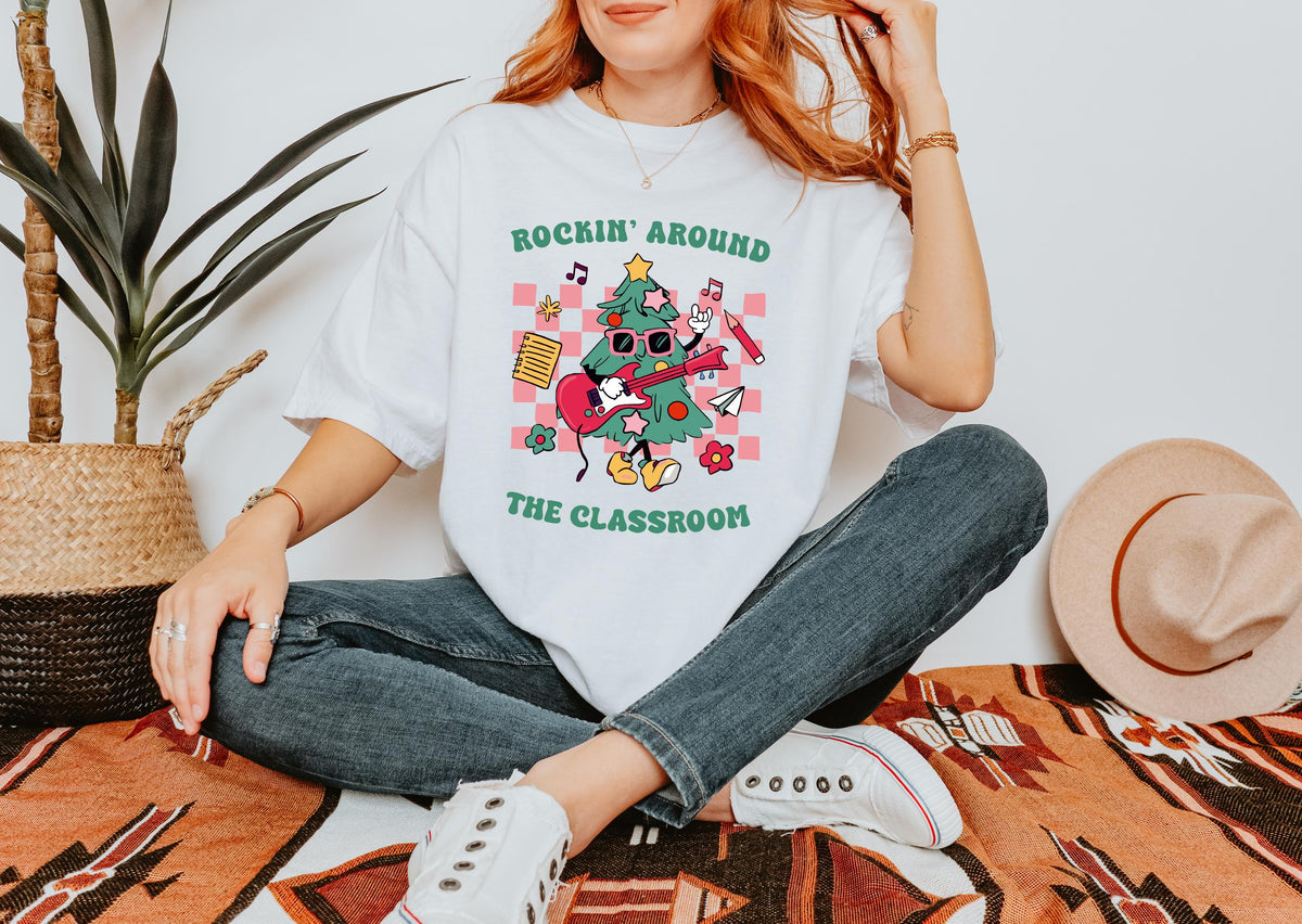 Comfort Colors® Rockin Around the Classroom Christmas Teacher Shirt, Teacher Christmas Shirt, Holiday Teacher T-shirt, Winter Teacher Shirts