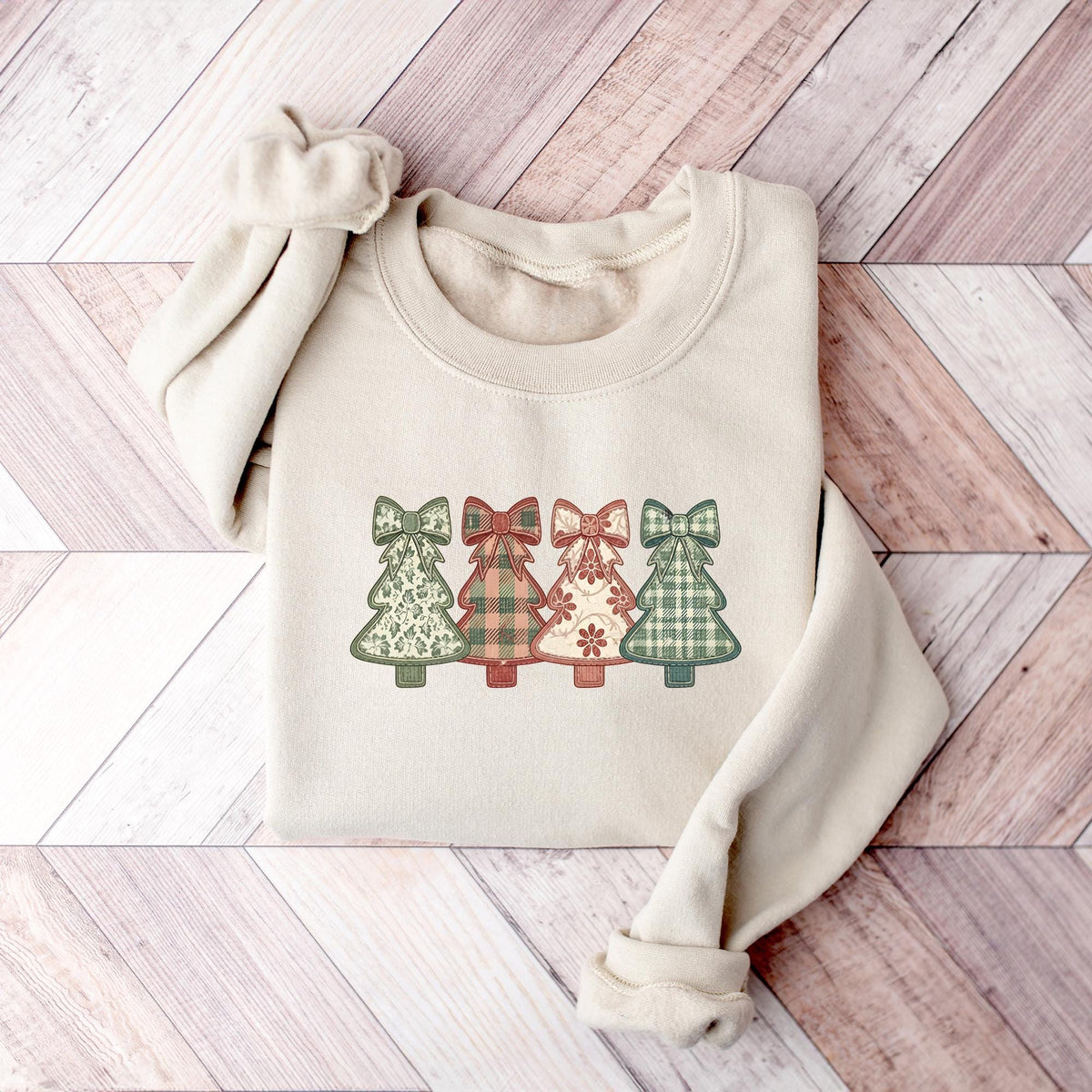 Christmas Tree Faux Patchwork Sweatshirt, Floral and Gingham Printed Pattern Grandmillennial Tree Christmas Sweatshirt, Christmas Tree Shirt