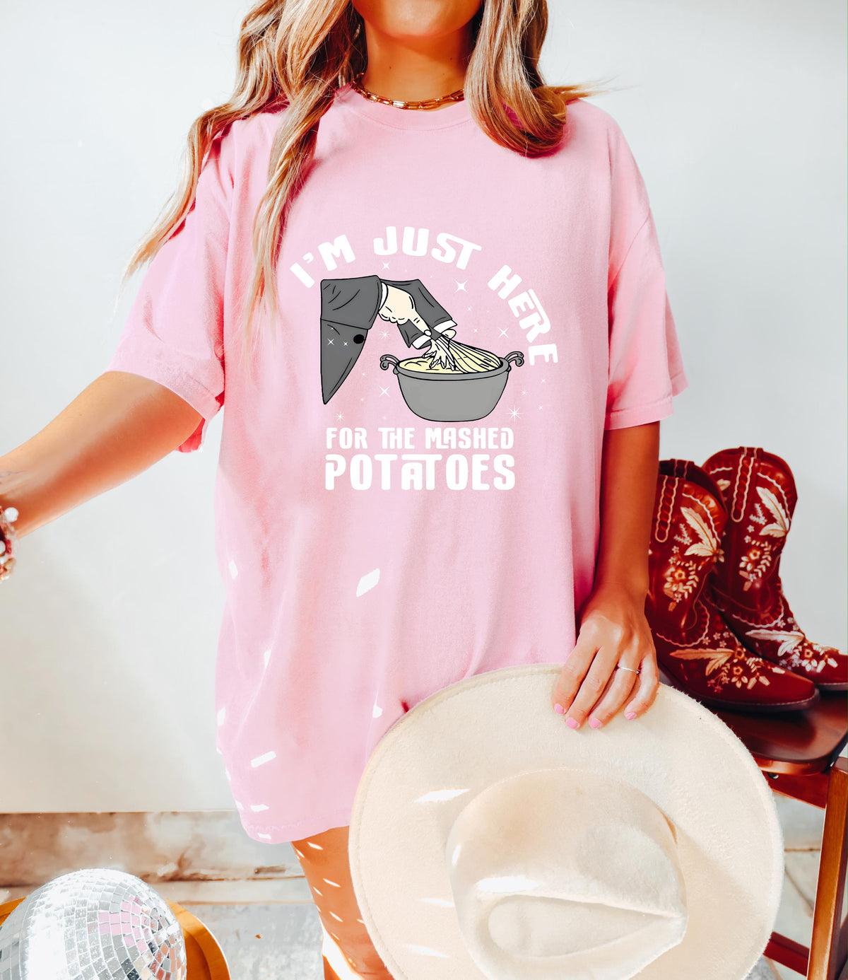 Funny Thanksgiving Comfort Colors® Shirt, I’m Just Here for the Mashed Potatoes, Thanksgiving Dinner Tee, Friendsgiving Tee,Fall Humor Shirt
