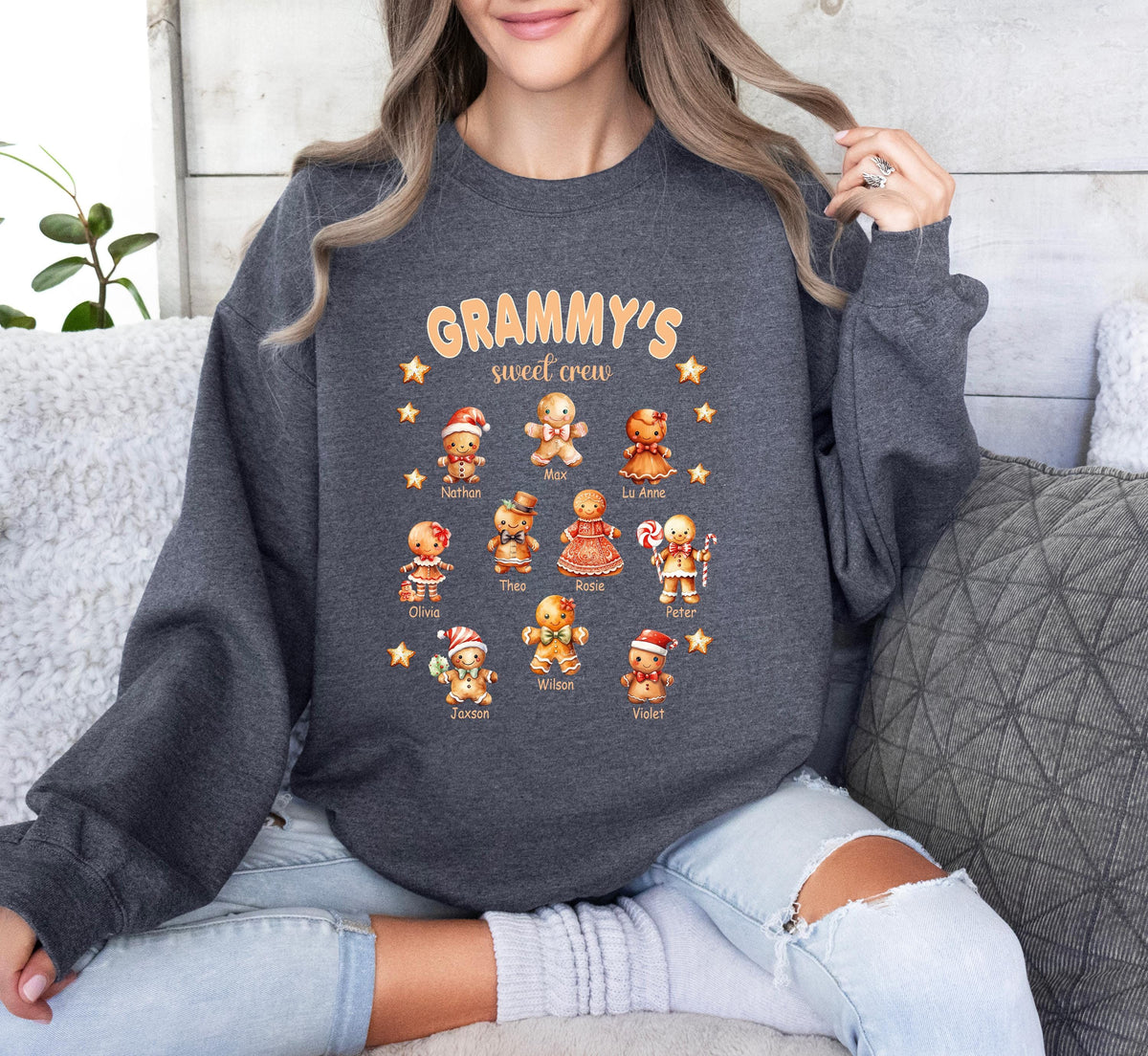 Personalized Christmas Gingerbread Grandma Sweatshirt, Custom Grandkids Names Grandmother Sweatshirt, Gift for Mom,Customized Shirt for Nana