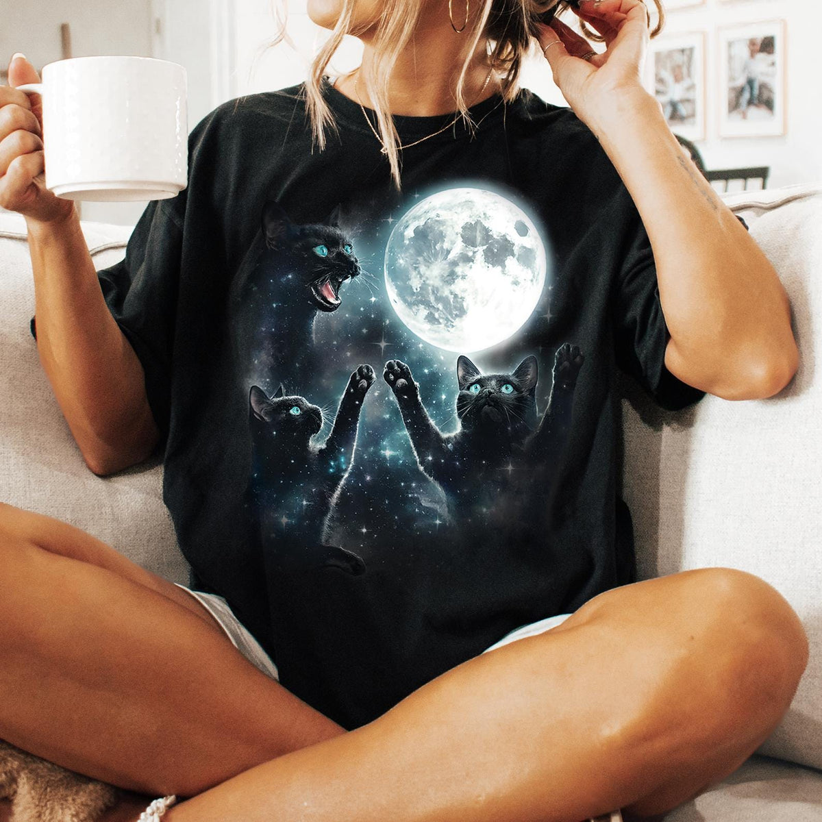 Vintage Black Cat Moon Graphic T Shirt