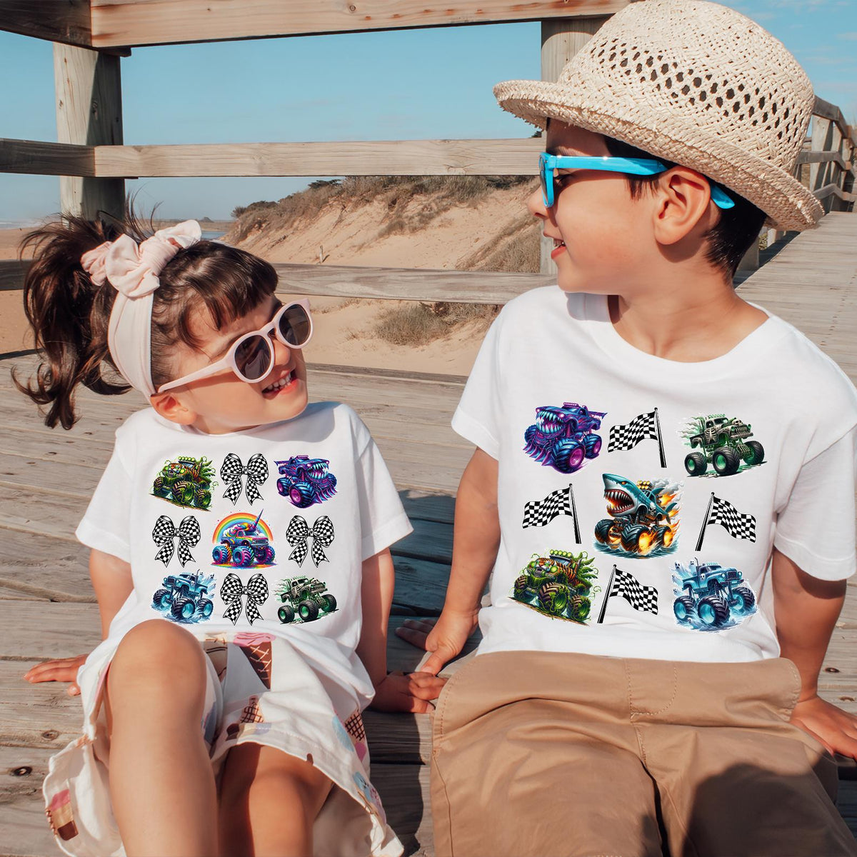 Family Monster Truck Comfort Colors® T-shirt, Matching Race Day T-shirt, Checkered Bows and Flags, Bows and Flags, Funny Truck Lover T-shirt