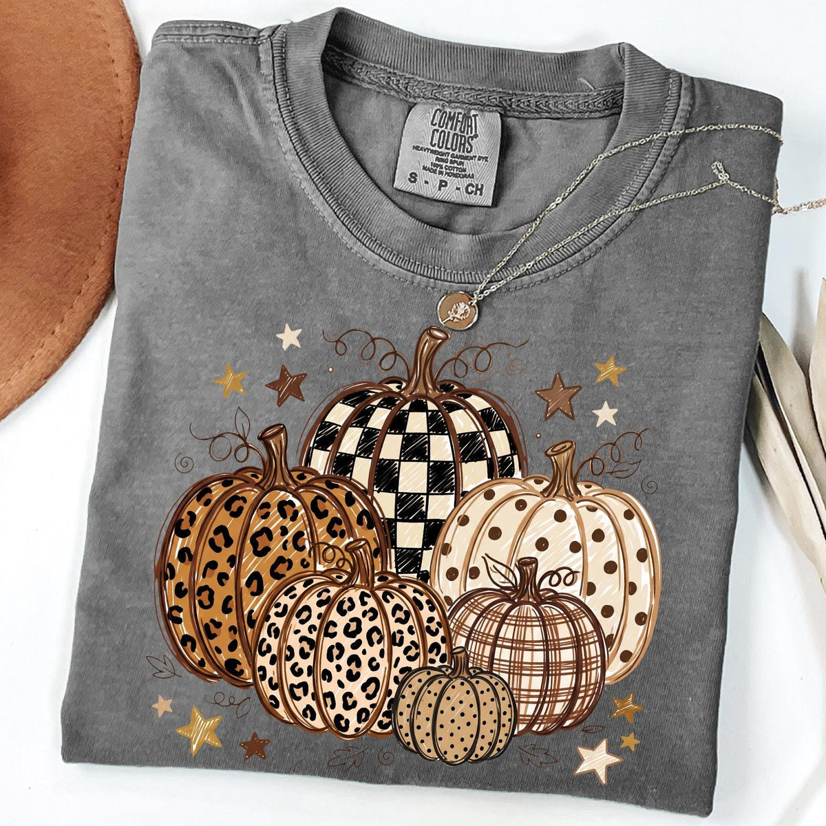 Comfort Colors® Fall Pumpkin T-Shirt, Autumn Fall Shirt, Leopard Print Polka Dot Fall T-shirt, Checkered Pumpkin Shirt, Thanksgiving T-shirt