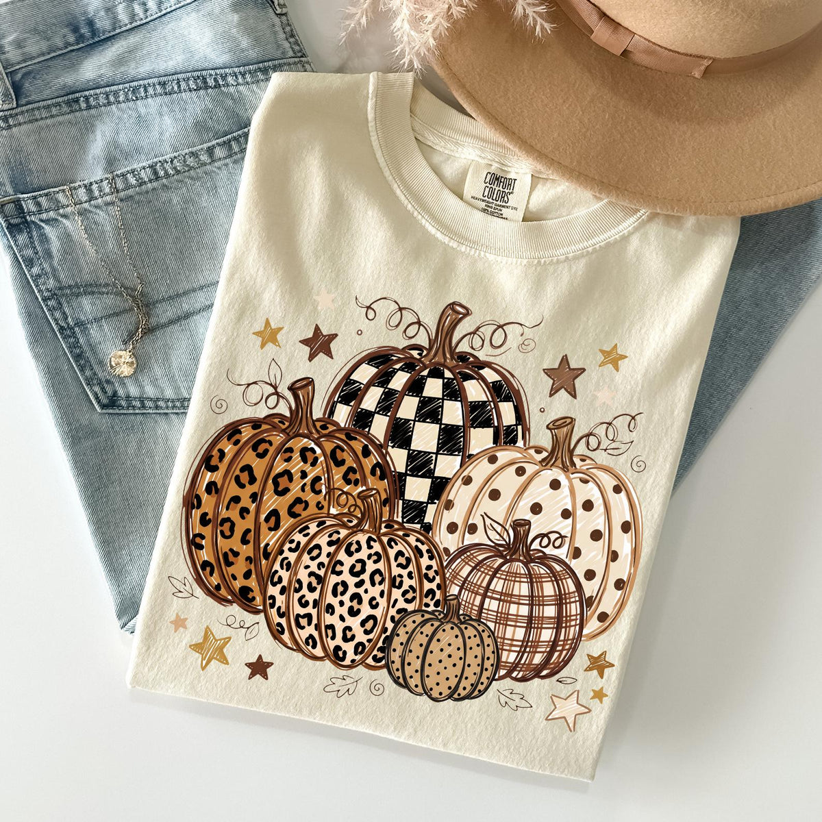 Comfort Colors® Fall Pumpkin T-Shirt, Autumn Fall Shirt, Leopard Print Polka Dot Fall T-shirt, Checkered Pumpkin Shirt, Thanksgiving T-shirt