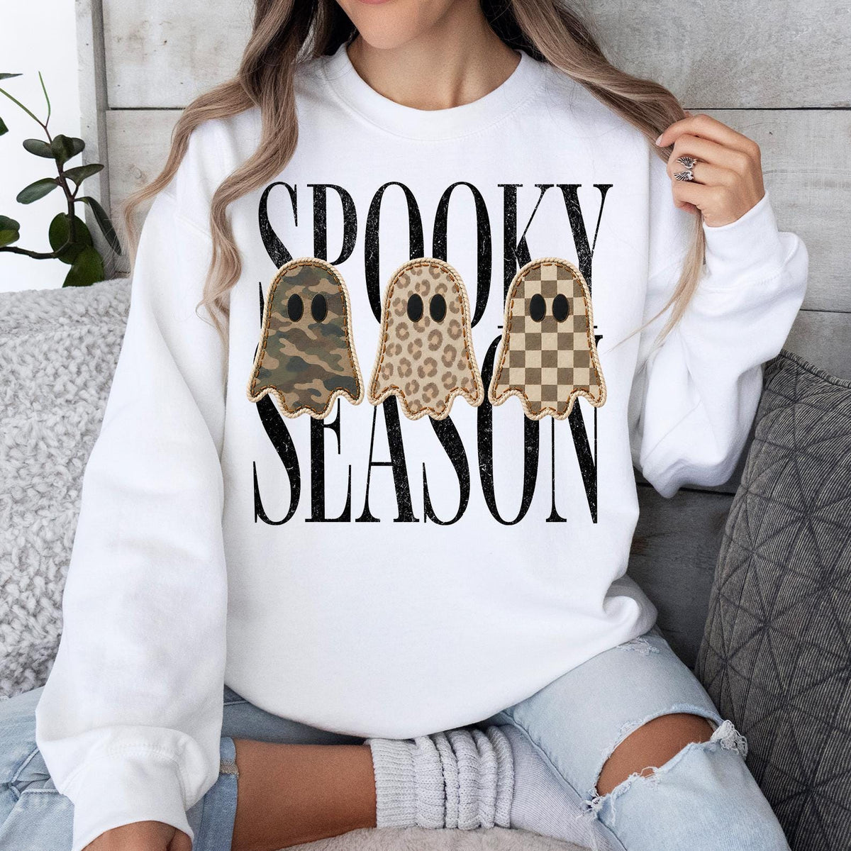 Spooky Season Sweatshirt, Leopard Ghost Sweater, Camo Ghost Sweatshirt, Fall Season Gift, Checkered Ghost Crewneck, Halloween Ghosts Sweater