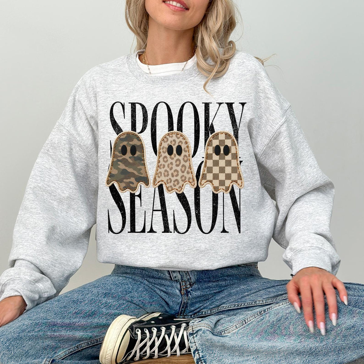 Spooky Season Sweatshirt, Leopard Ghost Sweater, Camo Ghost Sweatshirt, Fall Season Gift, Checkered Ghost Crewneck, Halloween Ghosts Sweater