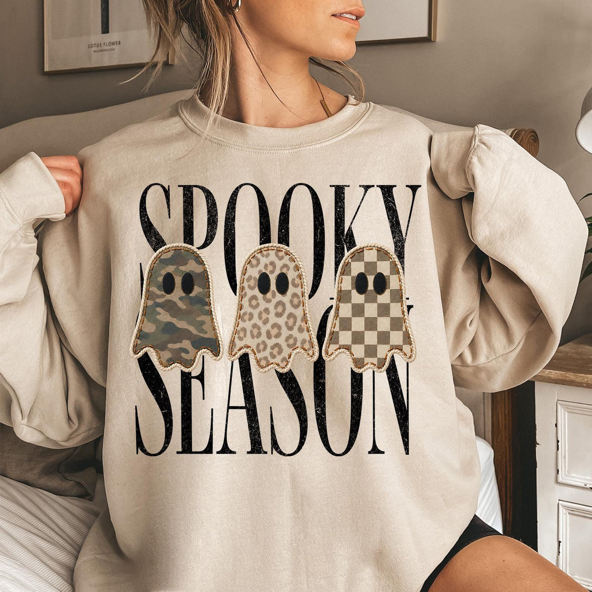 Spooky Season Sweatshirt, Leopard Ghost Sweater, Camo Ghost Sweatshirt, Fall Season Gift, Checkered Ghost Crewneck, Halloween Ghosts Sweater