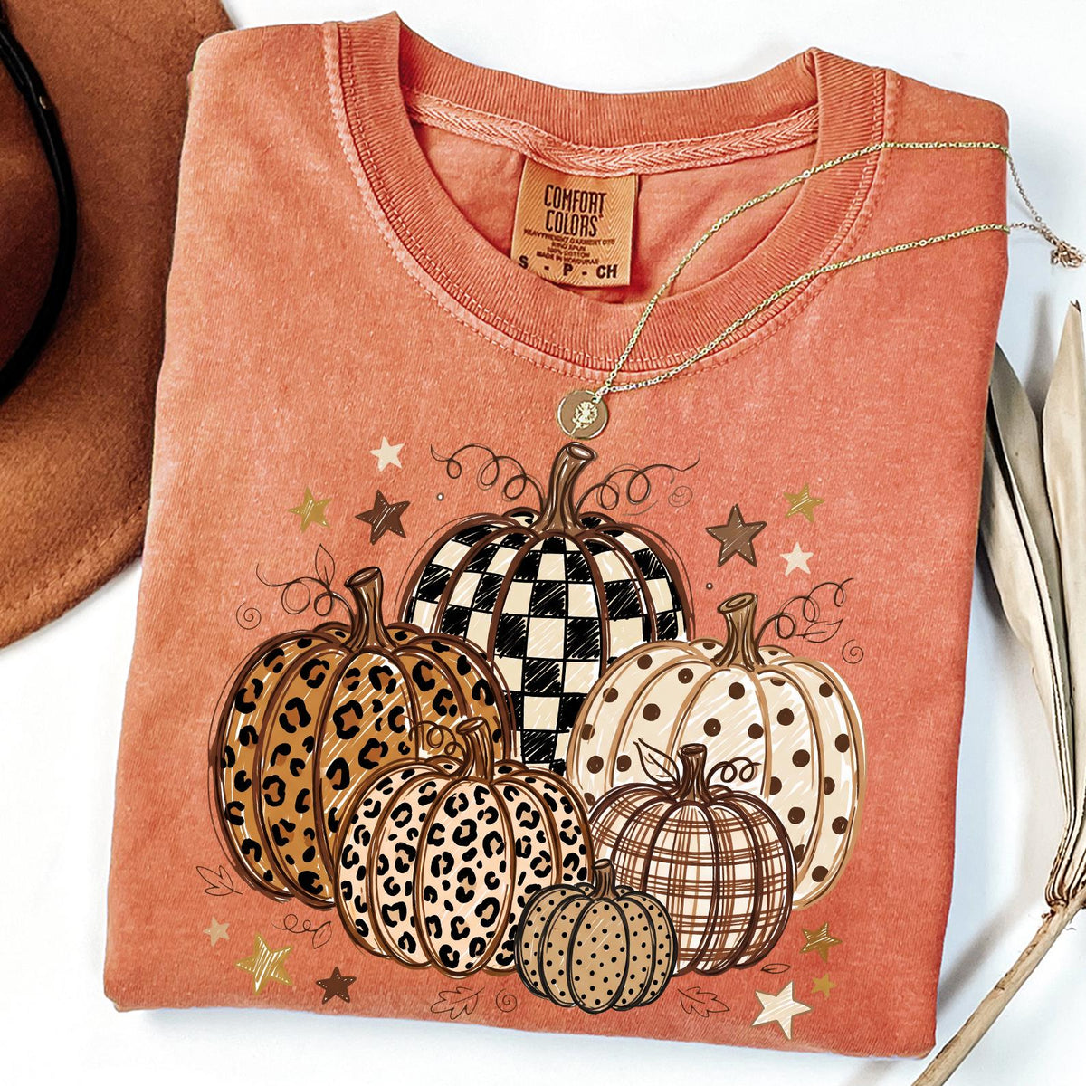 Comfort Colors® Fall Pumpkin T-Shirt, Autumn Fall Shirt, Leopard Print Polka Dot Fall T-shirt, Checkered Pumpkin Shirt, Thanksgiving T-shirt