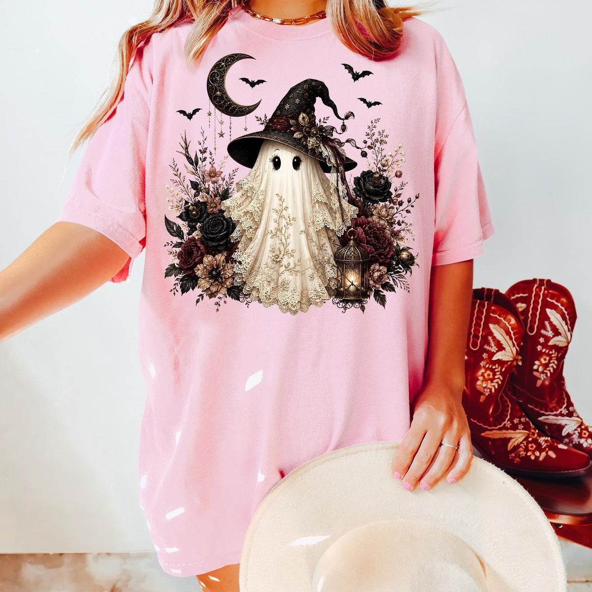 Dark Coquette Ghost Shirt, Witchy Halloween Ghost Shirt, Gothic Floral Graphic Shirt, Witchy Hat Ghost Shirt, Halloween Gift, Comfort Color®