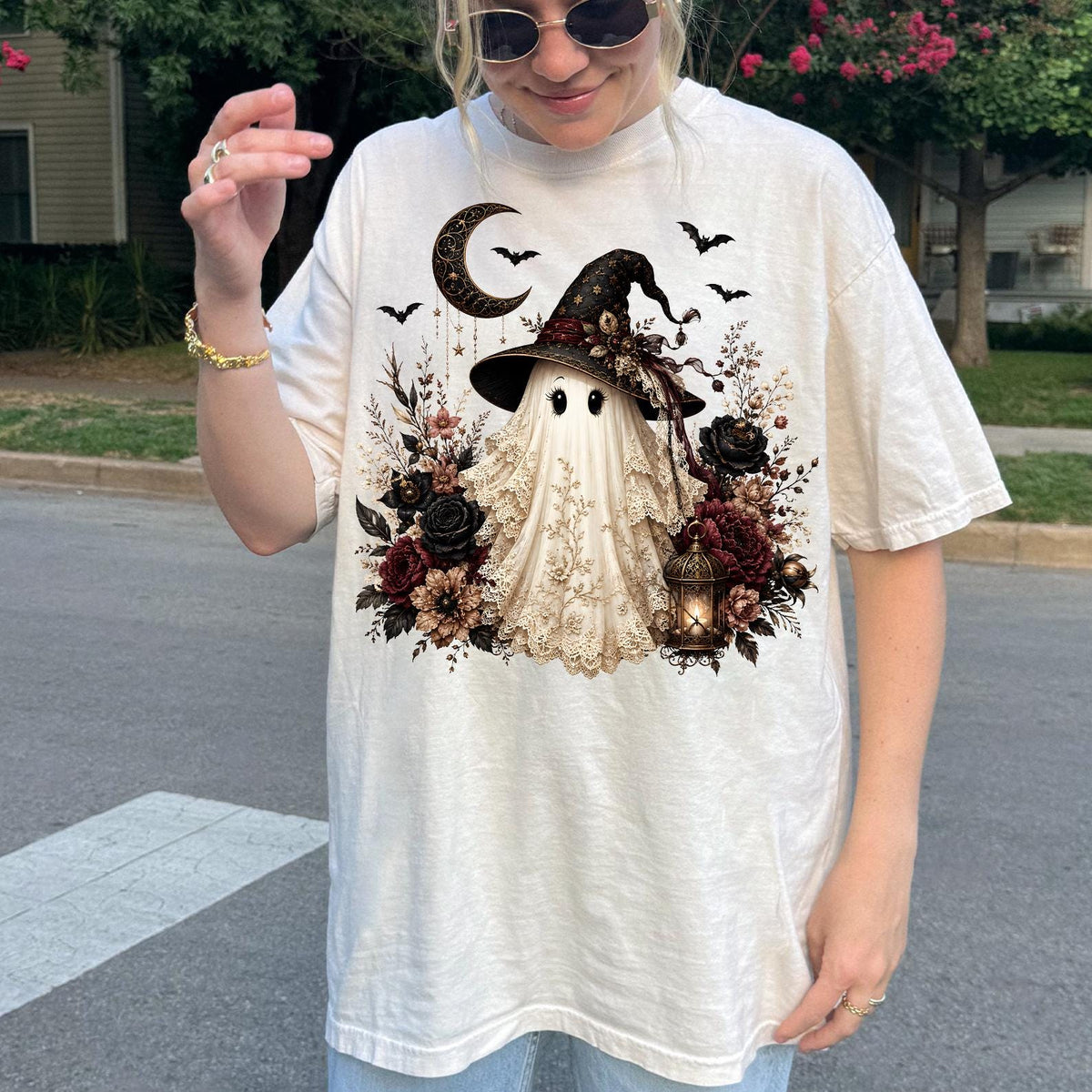 Dark Coquette Ghost Shirt, Witchy Halloween Ghost Shirt, Gothic Floral Graphic Shirt, Witchy Hat Ghost Shirt, Halloween Gift, Comfort Color®