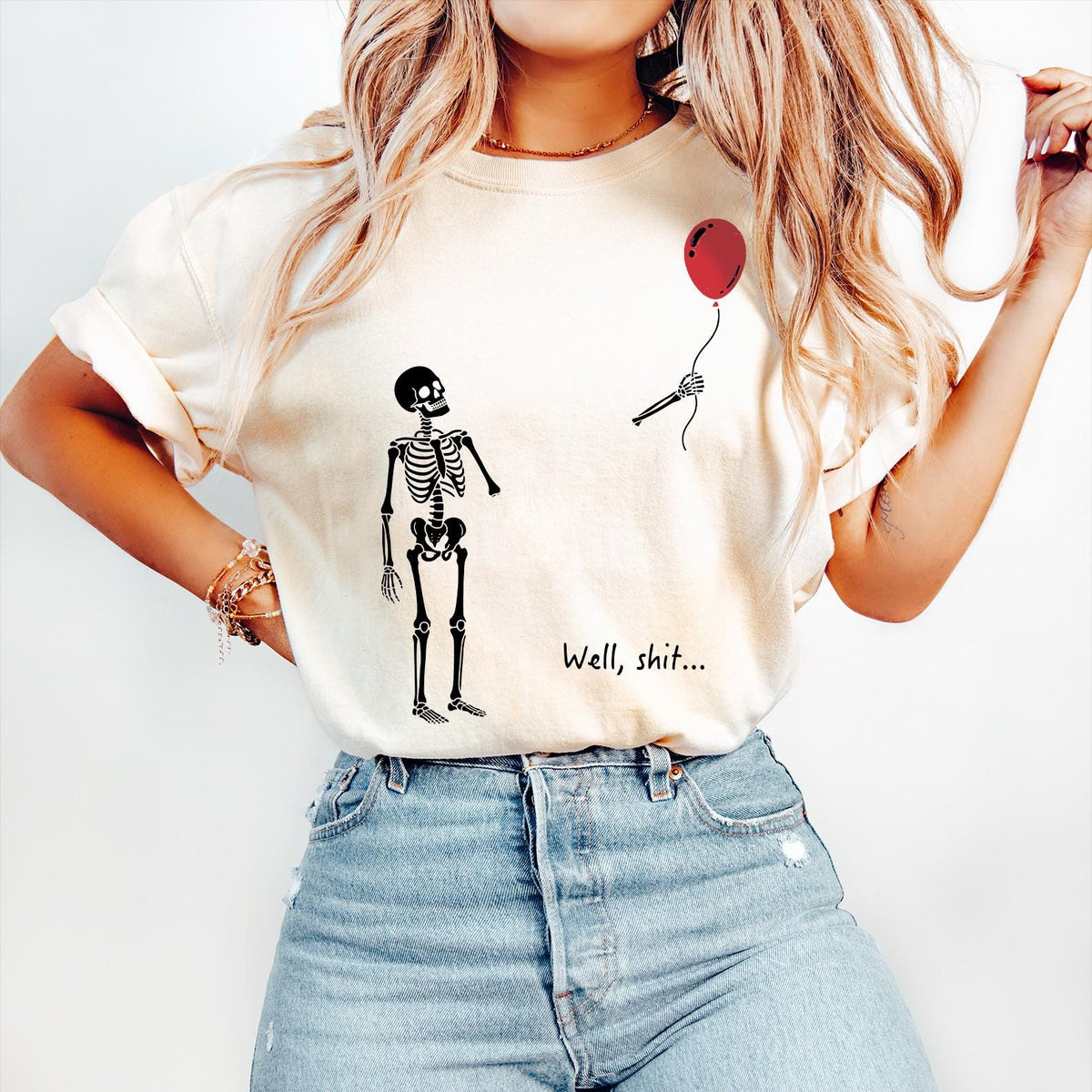 Comfort Colors® Skeleton Lost Balloon, Well Shit Funny Skeleton Tee, Dark Humor Halloween T-Shirt, Dark Humor Ghost Season Shirt, Spooky Tee