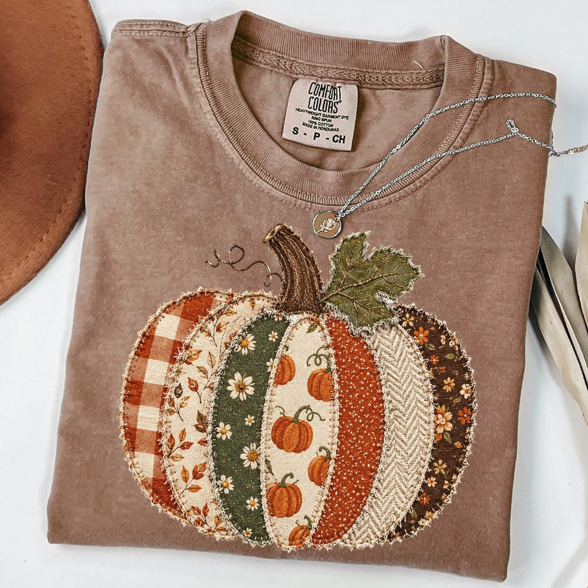 Faux Patchwork Fall Pumpkin T-shirt, Comfort Colors® Autumn Thanksgiving Shirt, Women Crewneck T-shirt, Checkered Pumpkins TShirt, Cute Gift