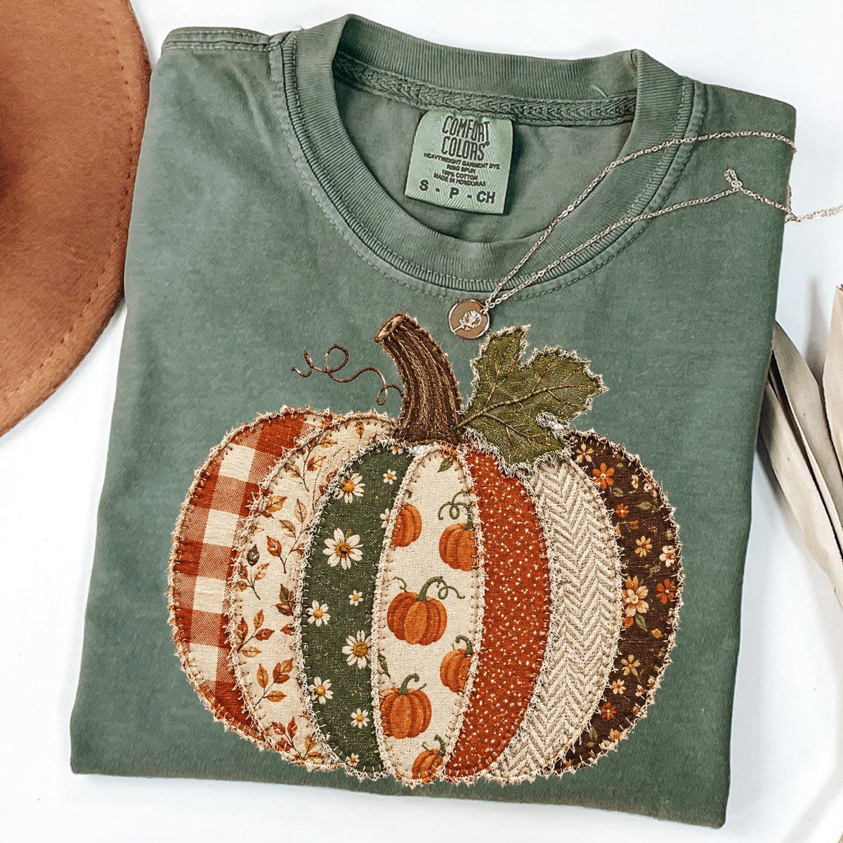 Faux Patchwork Fall Pumpkin T-shirt, Comfort Colors® Autumn Thanksgiving Shirt, Women Crewneck T-shirt, Checkered Pumpkins TShirt, Cute Gift