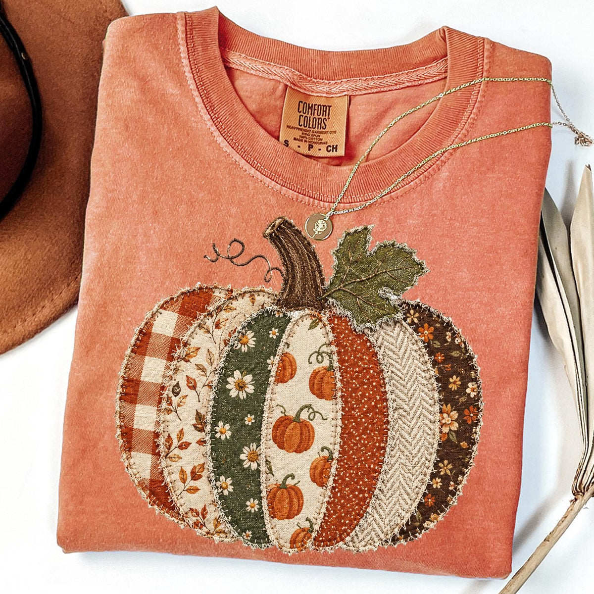 Faux Patchwork Fall Pumpkin T-shirt, Comfort Colors® Autumn Thanksgiving Shirt, Women Crewneck T-shirt, Checkered Pumpkins TShirt, Cute Gift
