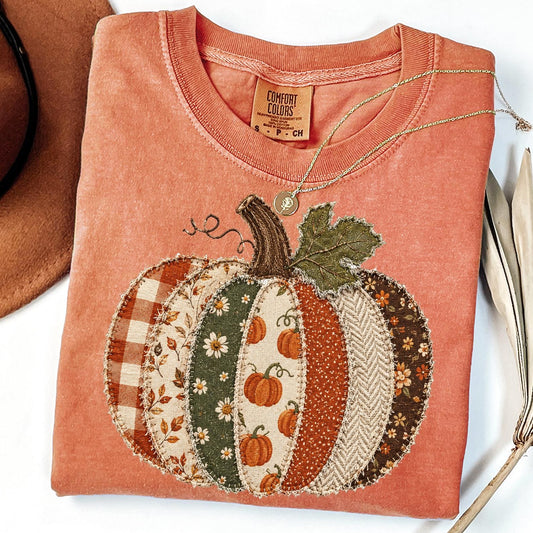 Faux Patchwork Fall Pumpkin T-shirt, Comfort Colors® Autumn Thanksgiving Shirt, Women Crewneck T-shirt, Checkered Pumpkins TShirt, Cute Gift